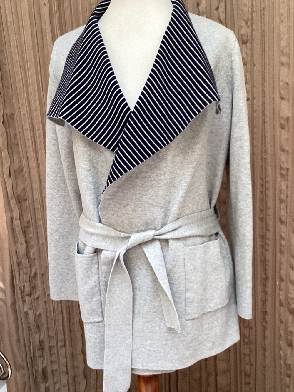 LOFT Light Gray Wrap Cardigan Jacket/Sweater, Shawl Collar, belted, pockets, Med